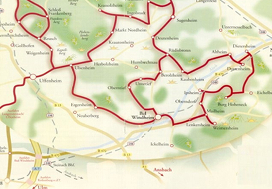Weinkarte der Bocksbeutelstraße mit Orten und Routen rund um Uffenheim, Bad Windsheim und Rothenburg ob der Tauber