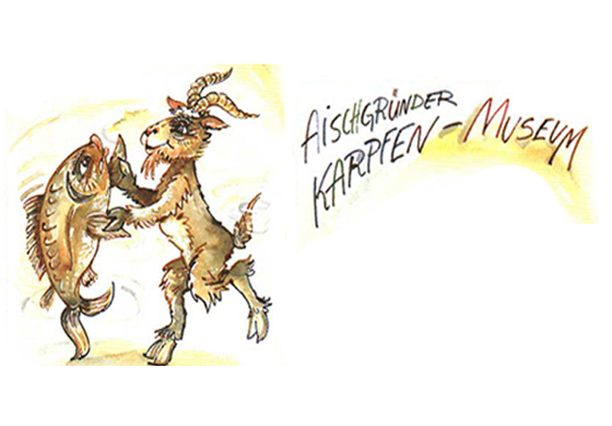 Illustration Ziegenbock mit Karpfen, Logo des Aischgründer Karpfen-Museums