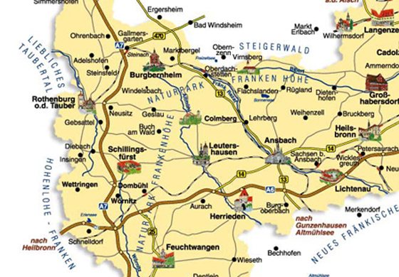 Übersichtskarte Romantisches Franken mit Städten wie Rothenburg ob der Tauber, Ansbach und Dinkelsbühl